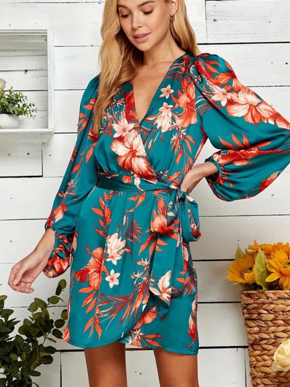 Fab’rik Teal Floral Wrap Short Dress size Medium